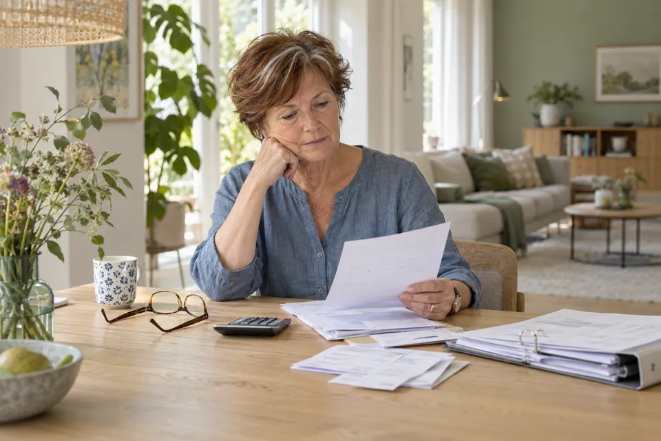 Een oudere vrouw neemt thuis haar administratie door