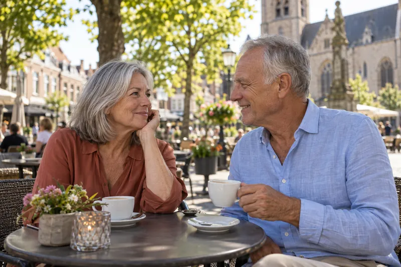 Twee mensen maken kennis bij een kop koffie op een terras