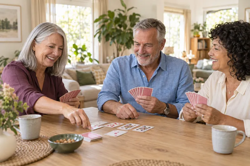 Drie senioren genieten samen van een kaartspel