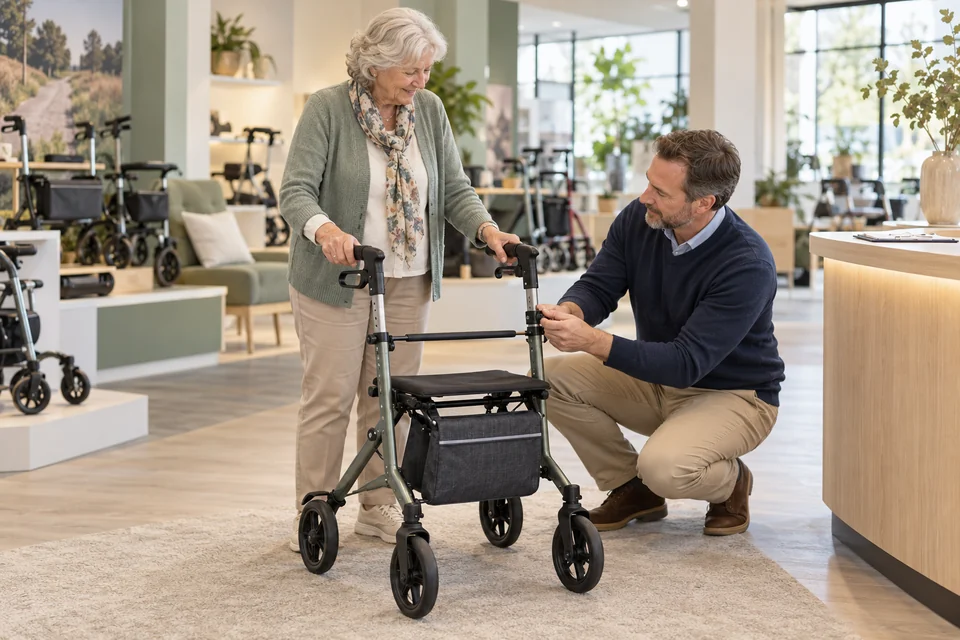 Een oudere vrouw probeert een rollator uit met uitleg van een medewerker.