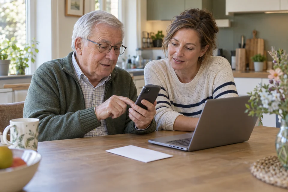 Een oudere man gebruikt zijn telefoon terwijl een naaste uitleg geeft bij de laptop.