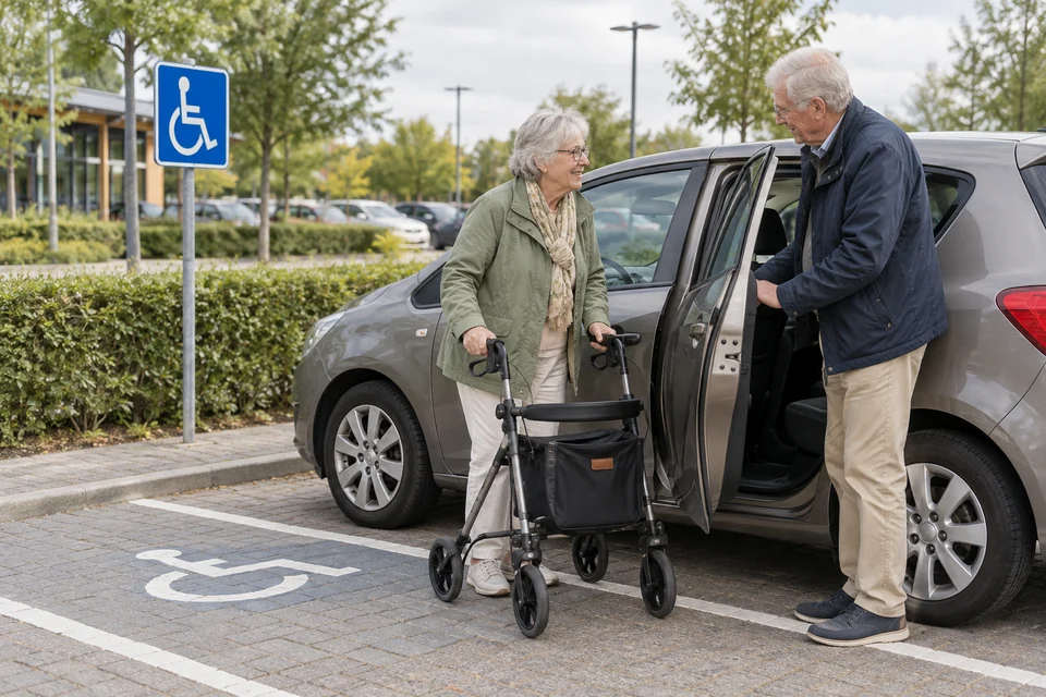 Een oudere vrouw met een rollator staat naast haar auto op een parkeerplaats.
