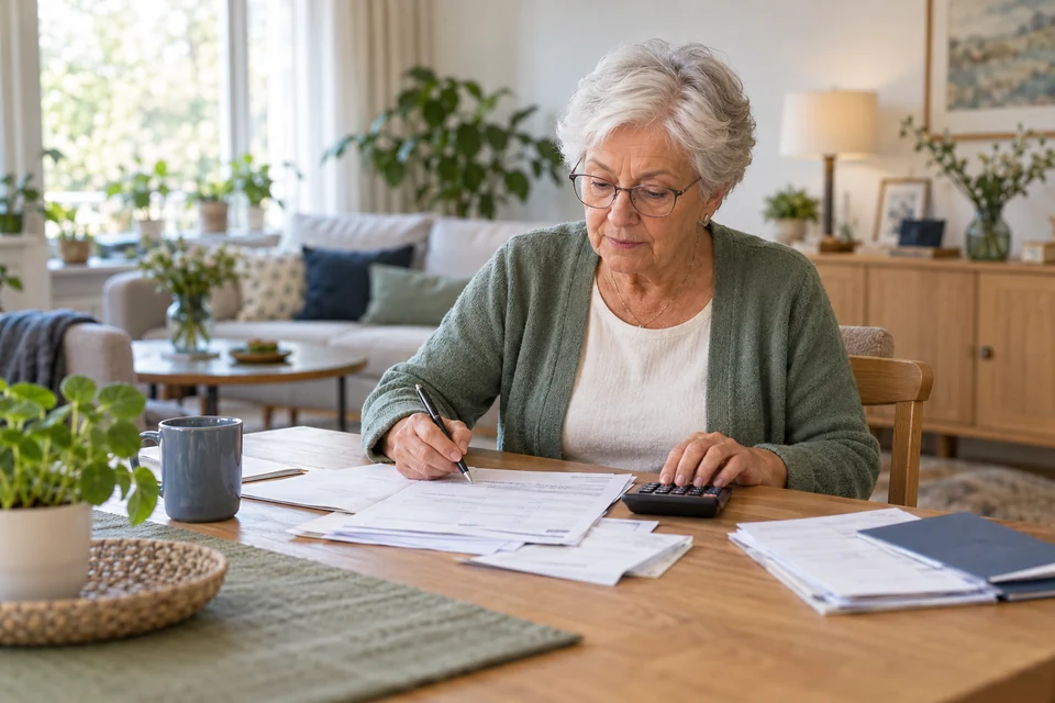 Een oudere vrouw bekijkt haar huurpapieren en rekent haar woonkosten uit.