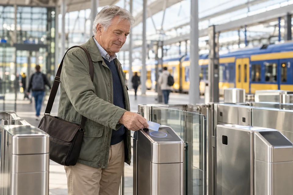 Een oudere reiziger houdt een vervoerskaart bij een kaartlezer.