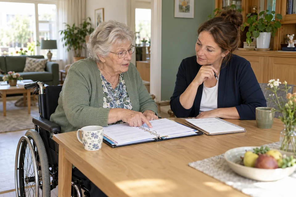 Een oudere vrouw bespreekt met een zorgverlener haar zorgplanning en budget.