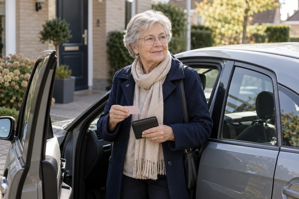 Een oudere bestuurder staat bij zijn auto met zijn rijbewijs.
