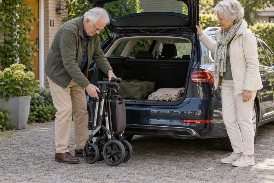 Een oudere man vouwt een rollator op bij de kofferbak van een auto.