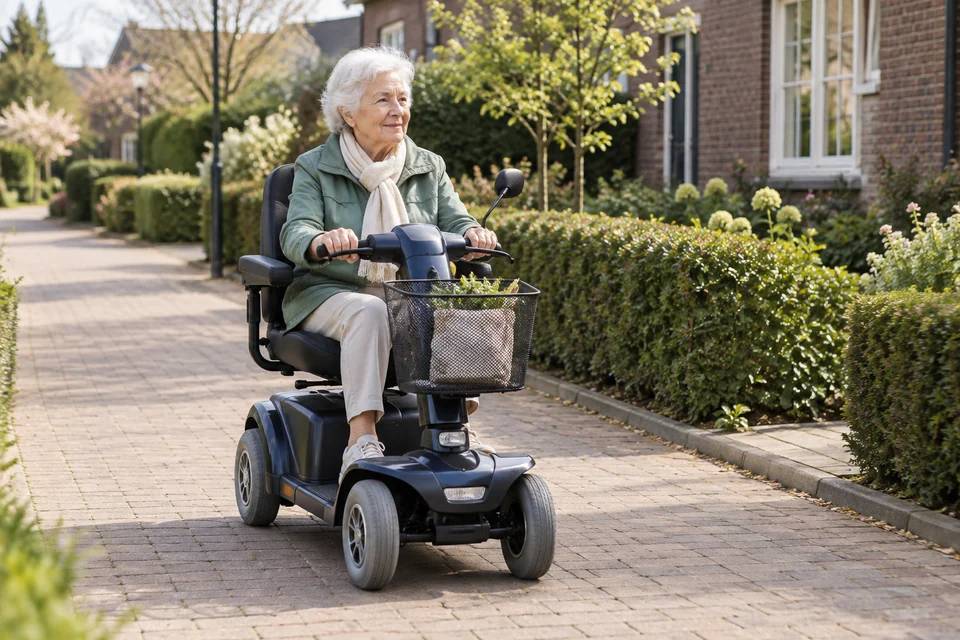 Een oudere vrouw rijdt met een scootmobiel over een breed pad.