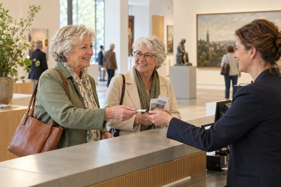 Twee senioren kopen kaartjes bij de balie van een museum.