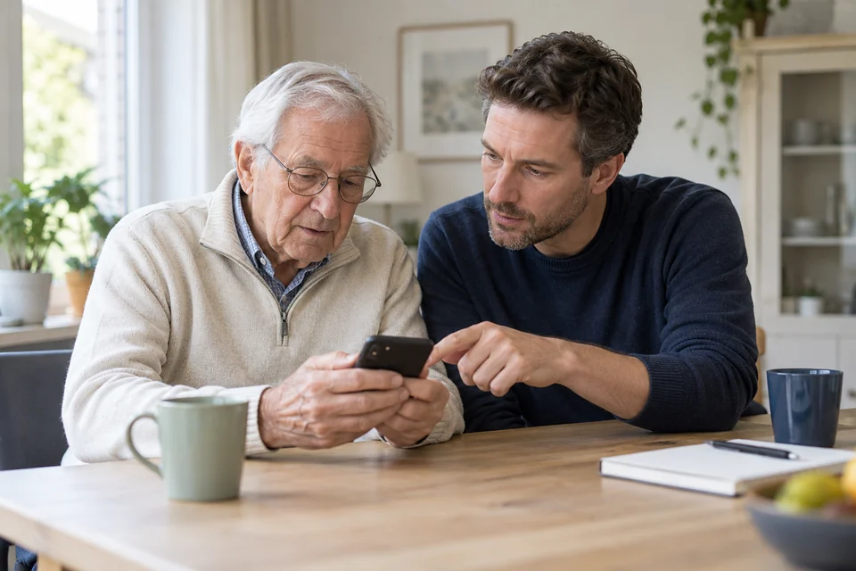 Een oudere man leert met hulp de instellingen van zijn telefoon gebruiken.