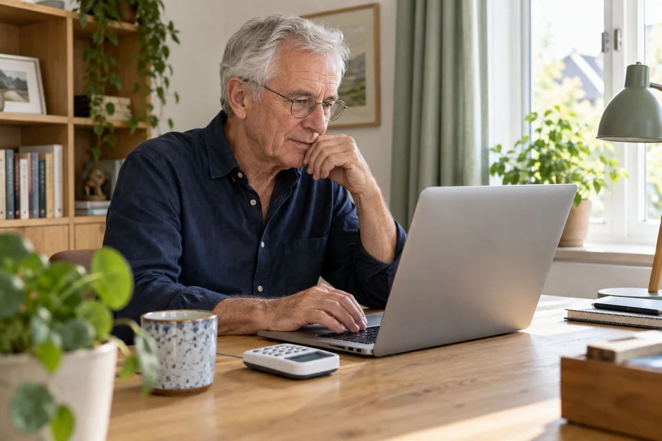 Een oudere man bekijkt rustig zijn bankzaken op een laptop.