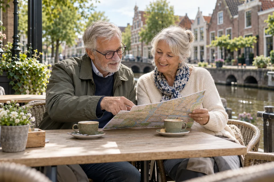 Een ouder stel geniet van een uitstapje in een Nederlandse stad.