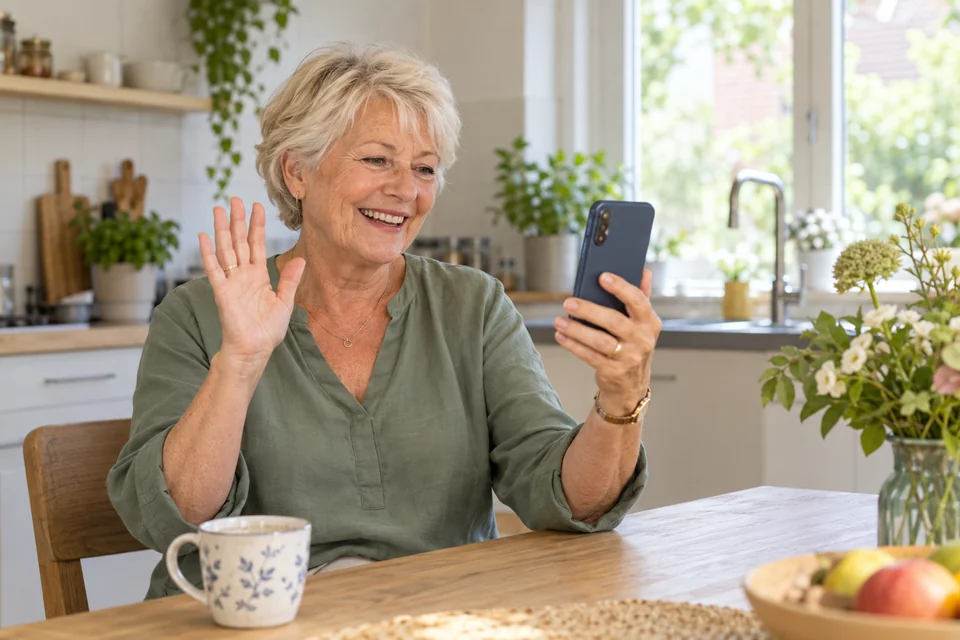 Een oudere vrouw maakt een videogesprek met haar smartphone.