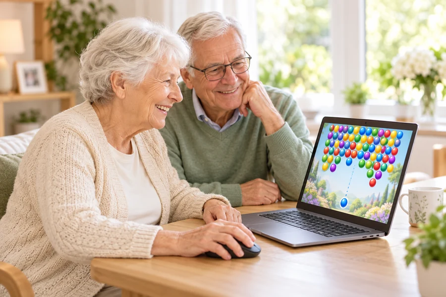Een oudere vrouw speelt een spel op de computer terwijl haar man meekijkt