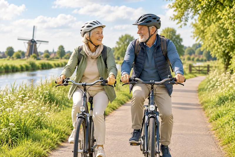 Een ouder stel fietst samen op een breed pad in het groen