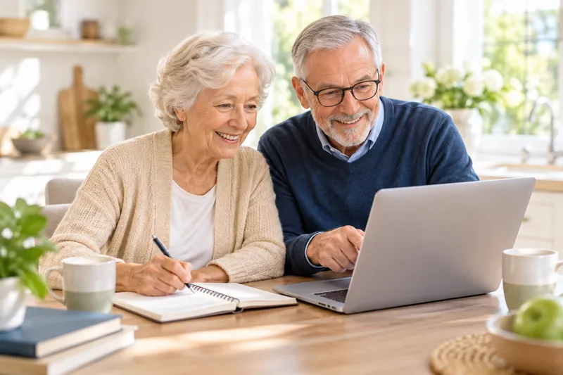 Een ouder stel zoekt samen informatie op een laptop