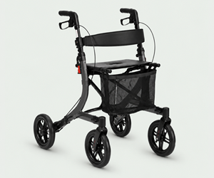 4-wiel rollator voor senioren met comfortabel zitje, stabiel frame en opbergmand voor veilig en comfortabel dagelijks gebruik binnen en buiten.