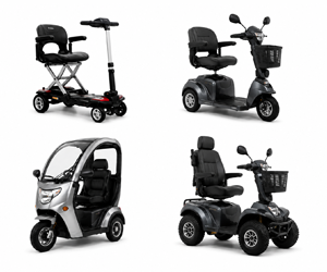 Verschillende soorten scootmobielen voor senioren, waaronder een opvouwbare scootmobiel, 3-wiel scootmobiel, 4-wiel scotmobiel, overdekte scootmobiel en all-terrain scootmobiel voor binnen- en buitengebruik