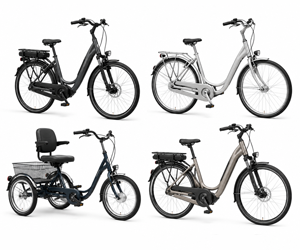 Verschillende soorten seniorenfietsen waaronder een elektrische lage instapfiets, normale lage instapfiets, driewielfiets en comfortabele elektrische seniorenfiets voor veilig en comfortabel fietsen.