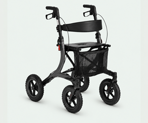 All-terrain rollator voor senioren met grote profielwielen en stevig frame voor comfortabel en stabiel lopen op stoepen, klinkers, grind en ongelijke ondergronden.