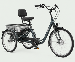 Driewielfiets voor senioren met stabiel frame, lage instap en comfortabele zithouding.