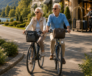 Fietsers op een rustige fietsroute langs water, bergen en groen