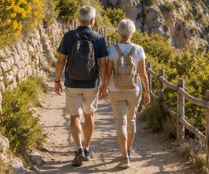 Senioren wandelen over een rustige wandelroute langs de kust en bergen