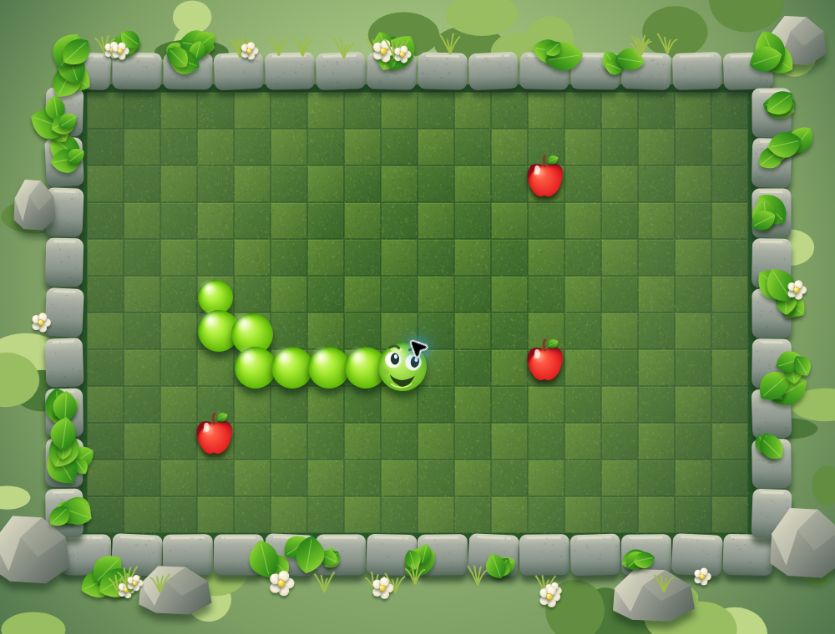 Rupsje Nooitgenoeg op het groene speelveld met appels
