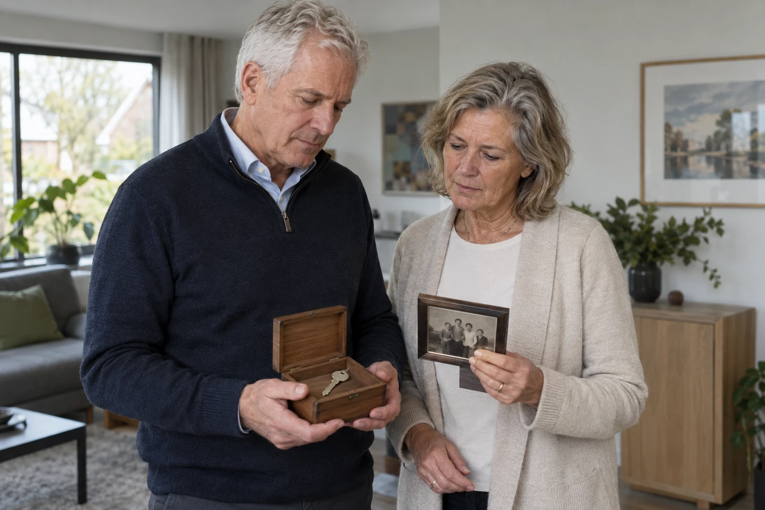 Een broer en zus bekijken familiebezittingen en een huissleutel
