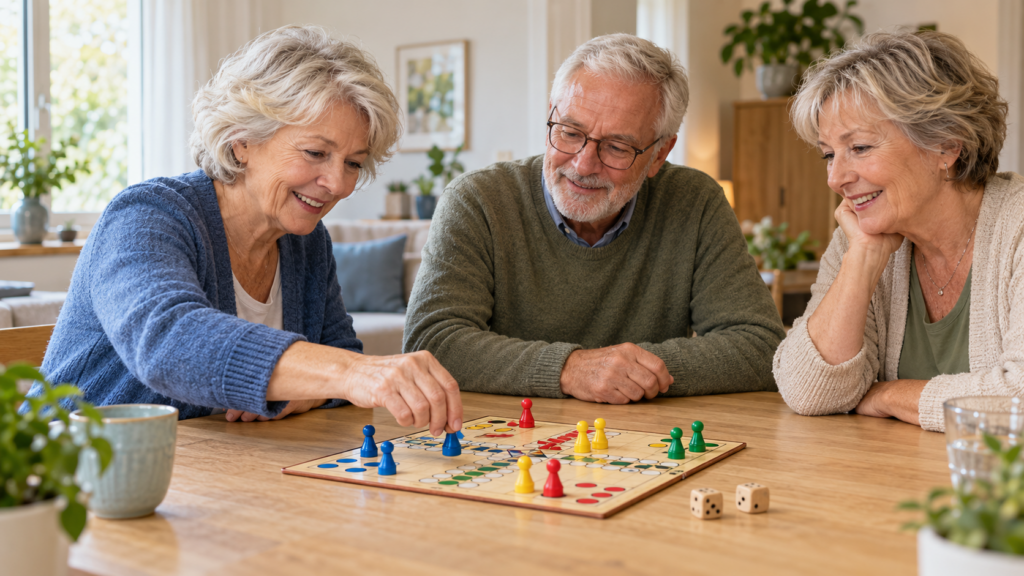 Drie senioren spelen samen een bordspel aan tafel
