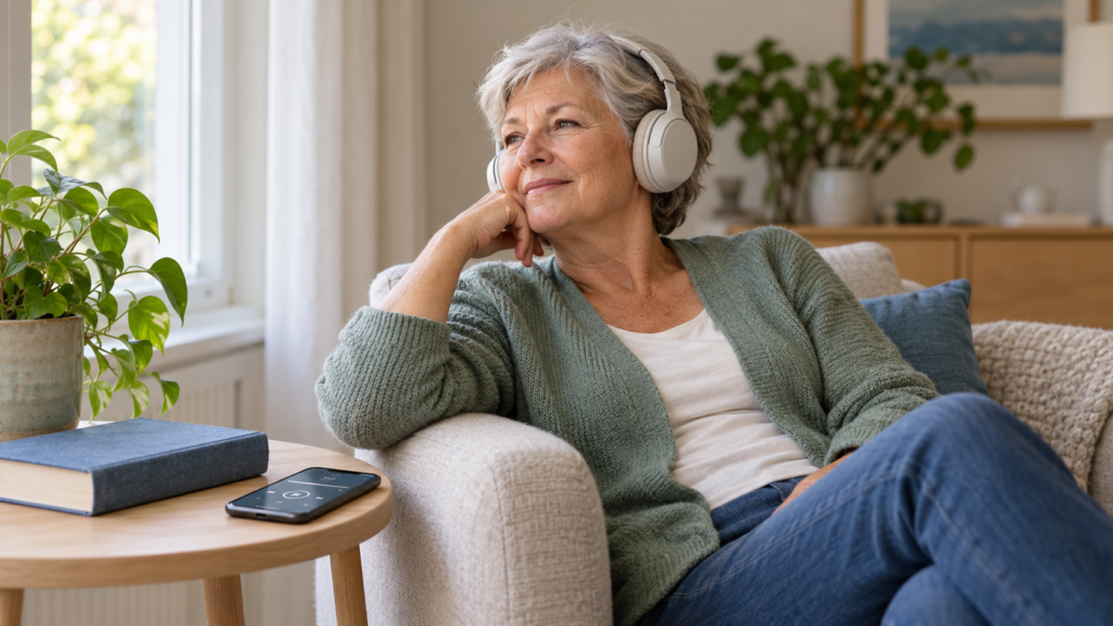Een oudere vrouw luistert ontspannen met een koptelefoon op de bank