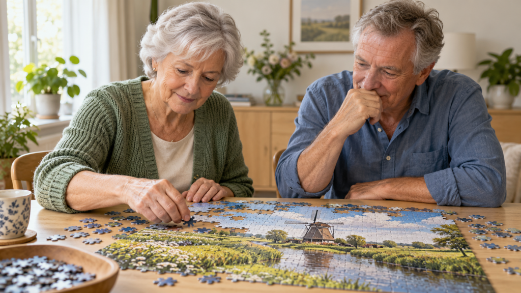 Twee senioren leggen samen een legpuzzel van een molen aan tafel