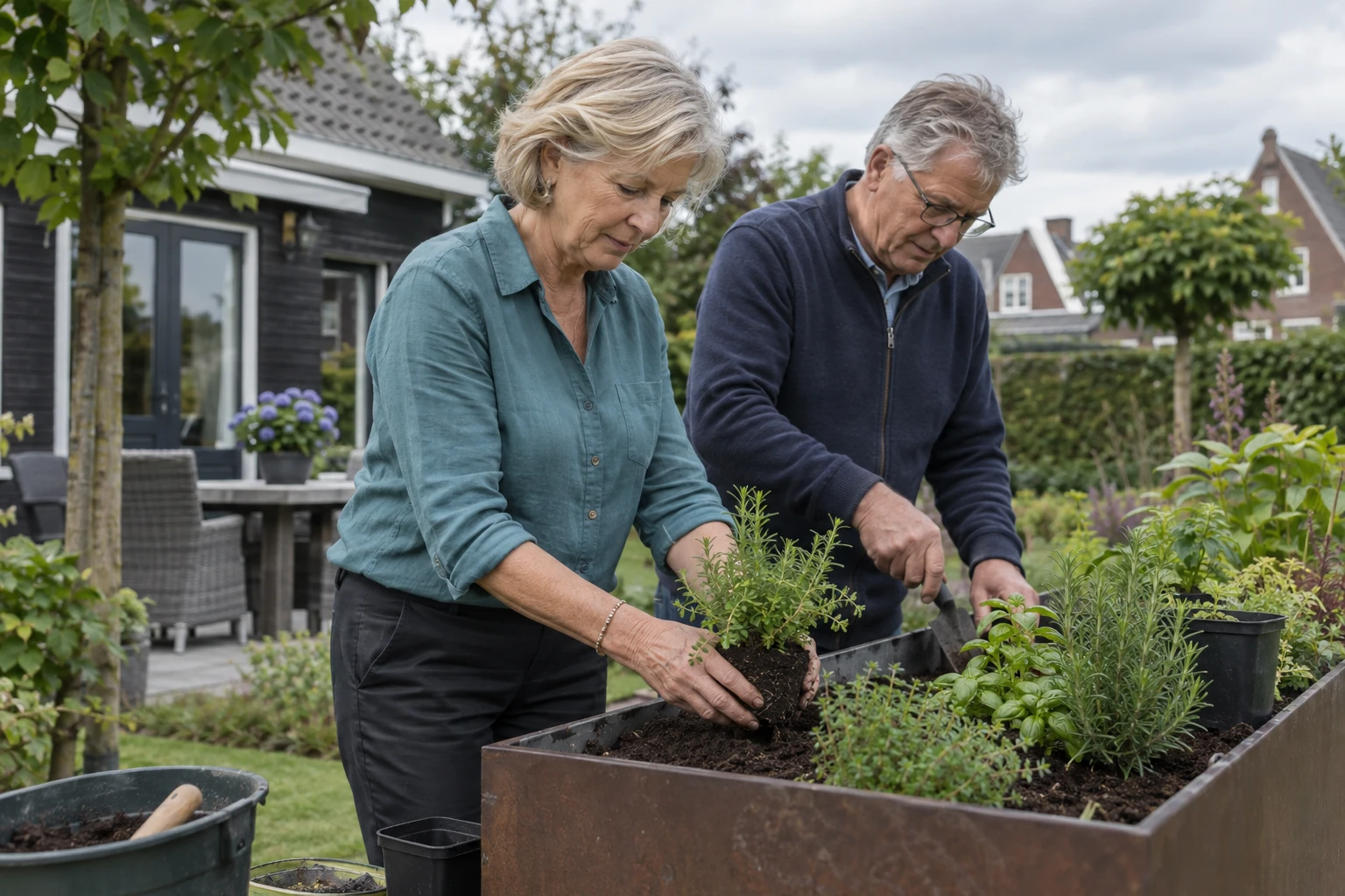 Een gepensioneerd stel plant samen kruiden in de tuin