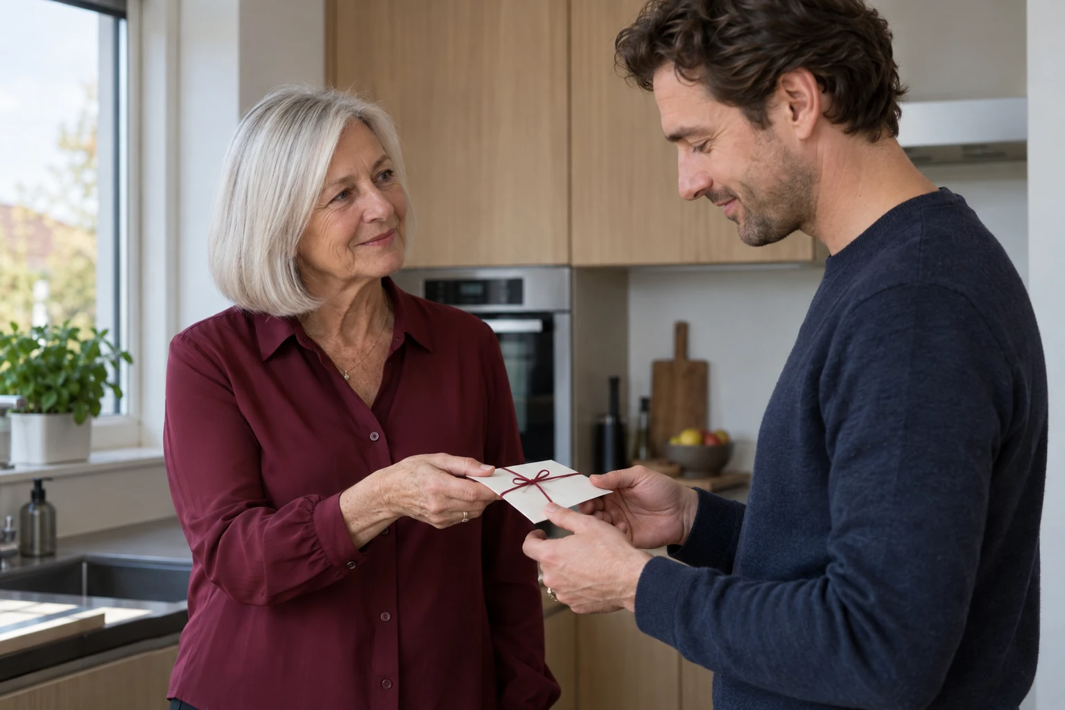 Een moeder geeft haar volwassen zoon een schenking in een envelop