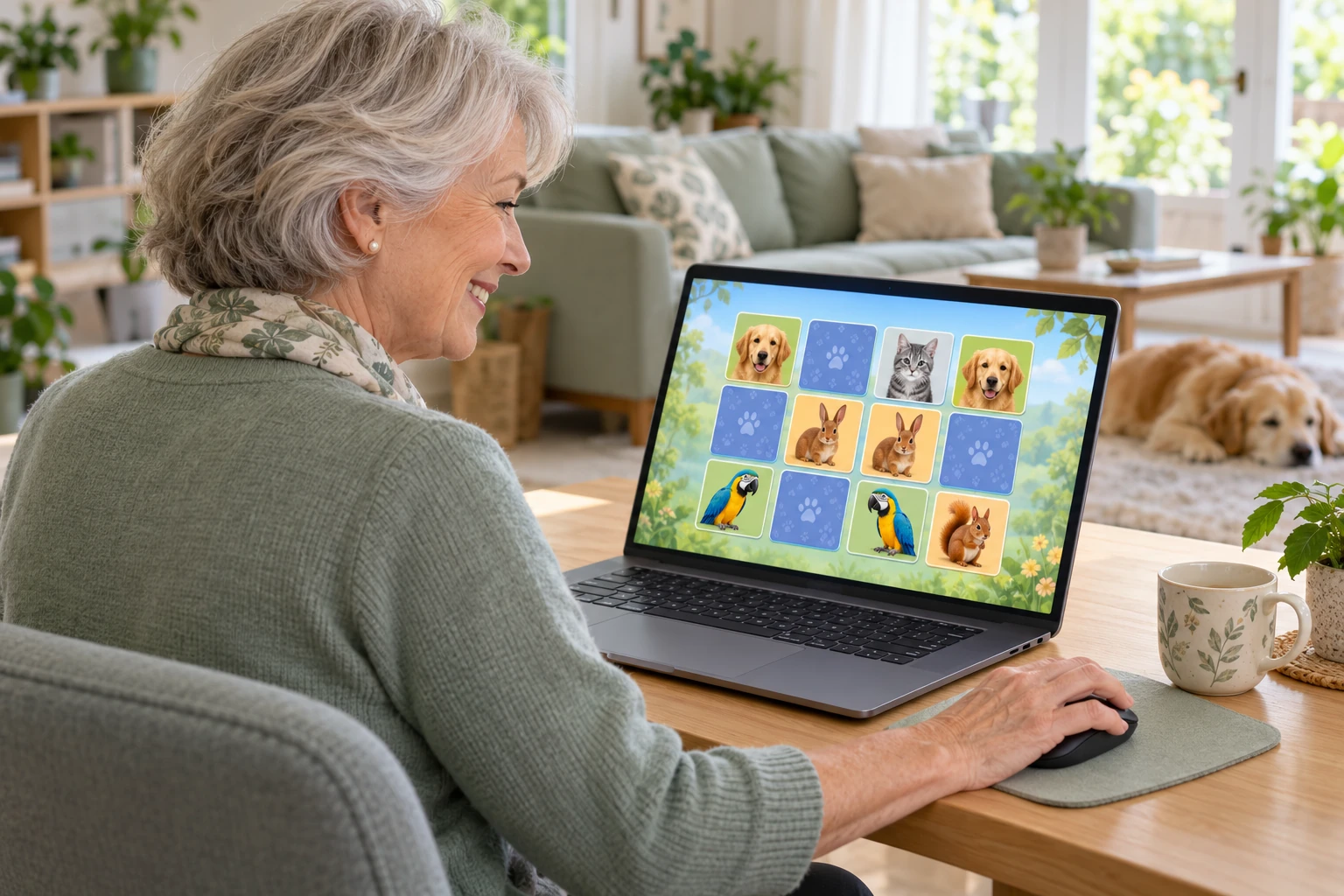 Een vrouw speelt Memory op een laptop